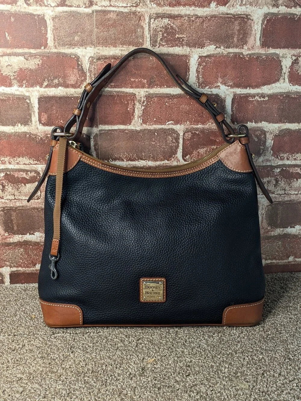 Dooney Bourke Pebble Grain Hobo Shoulder Bag Black Leather Tan Trim
